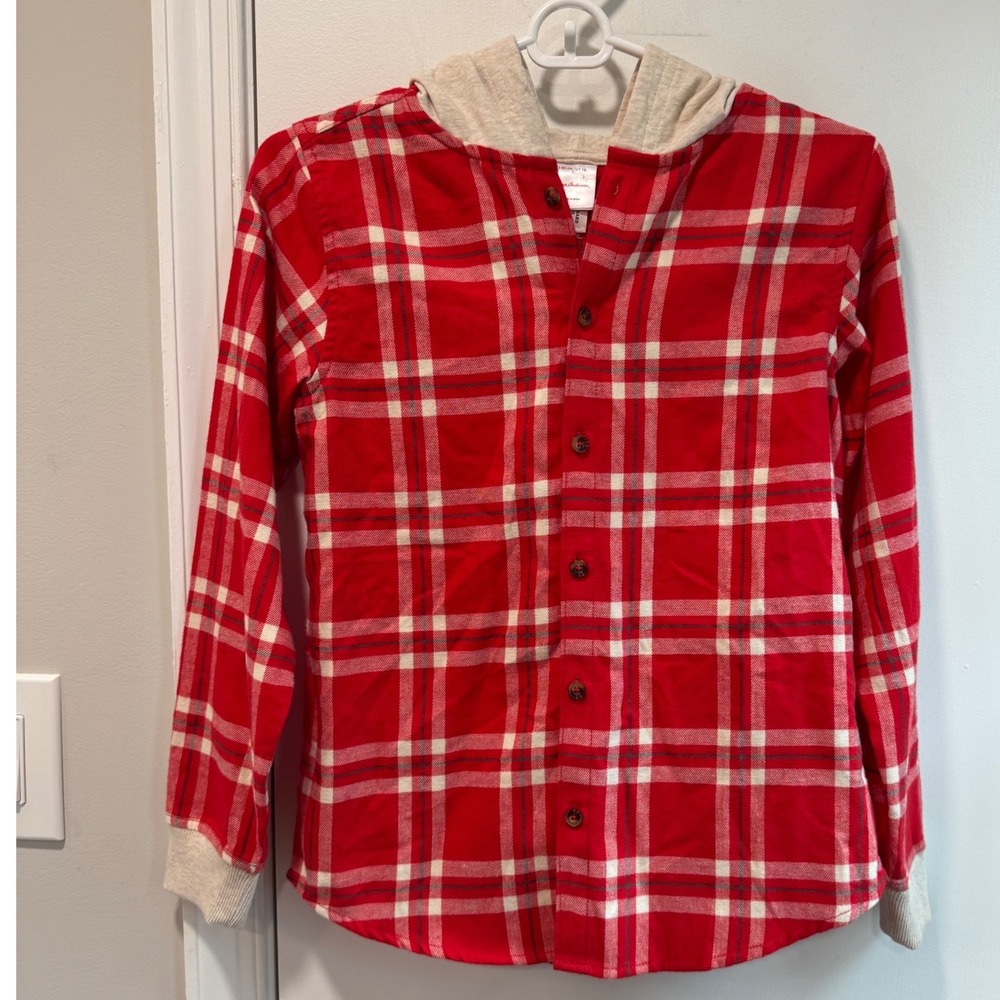 Hanna Andersson Kids Red Plaid Hooded Flannel Shirt Button Up Size 10 140cm